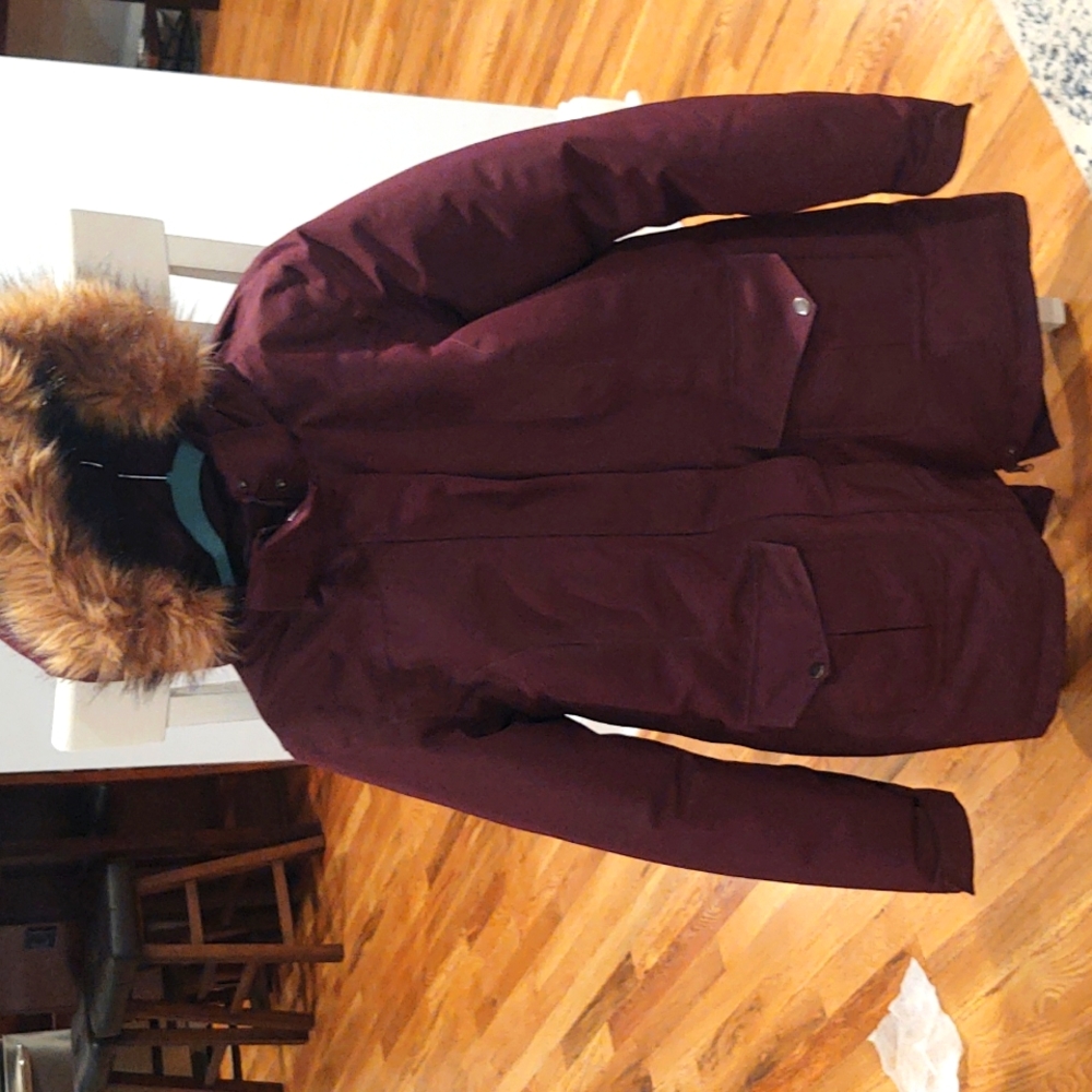 Maroon winter coat with fur hood